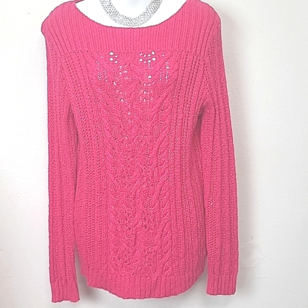Jones New York Fuchsia Pink Fisherman Sweater L NWT Cotton Cable Knit Aran